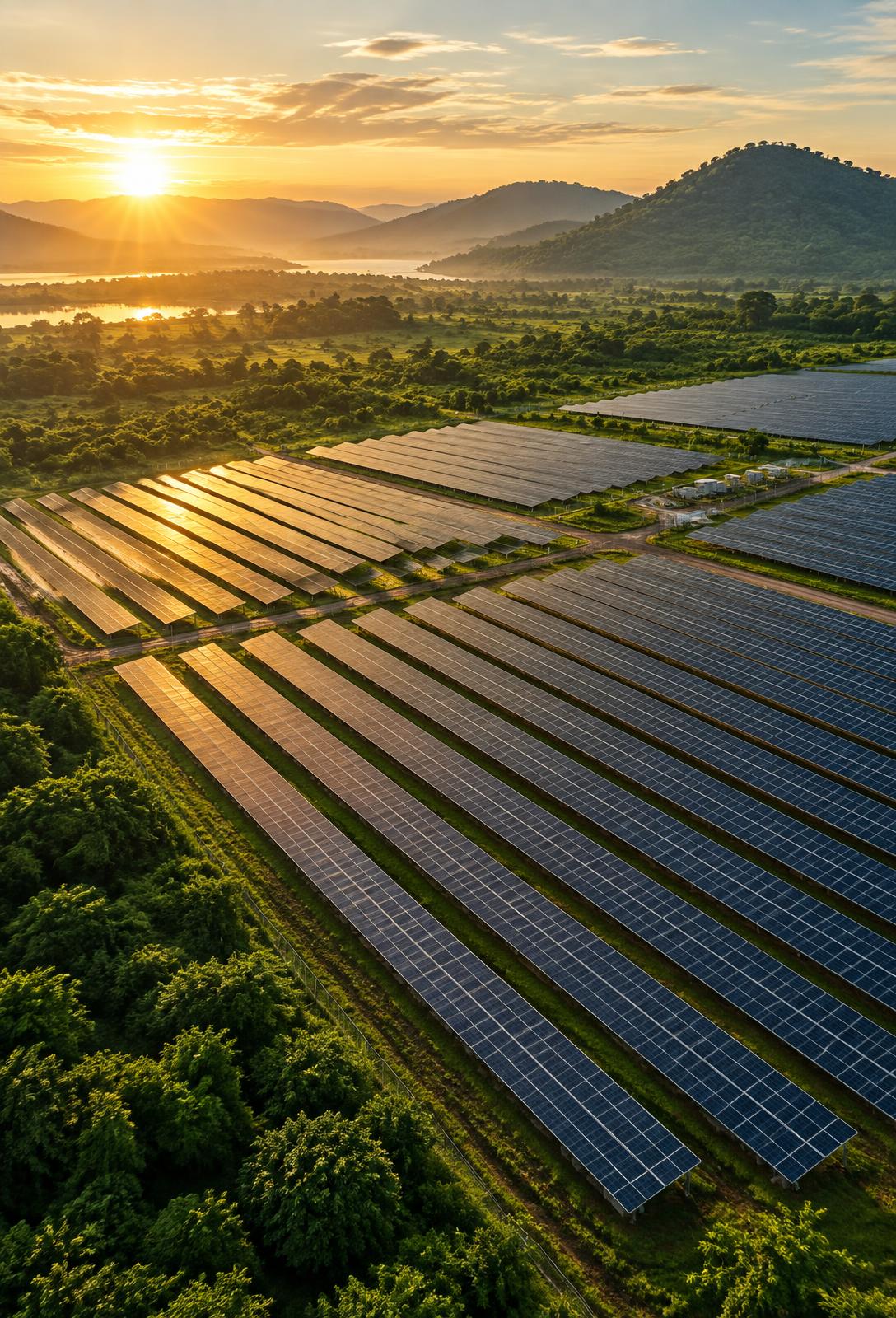 Solar panels spanning a green landscape at sunrise