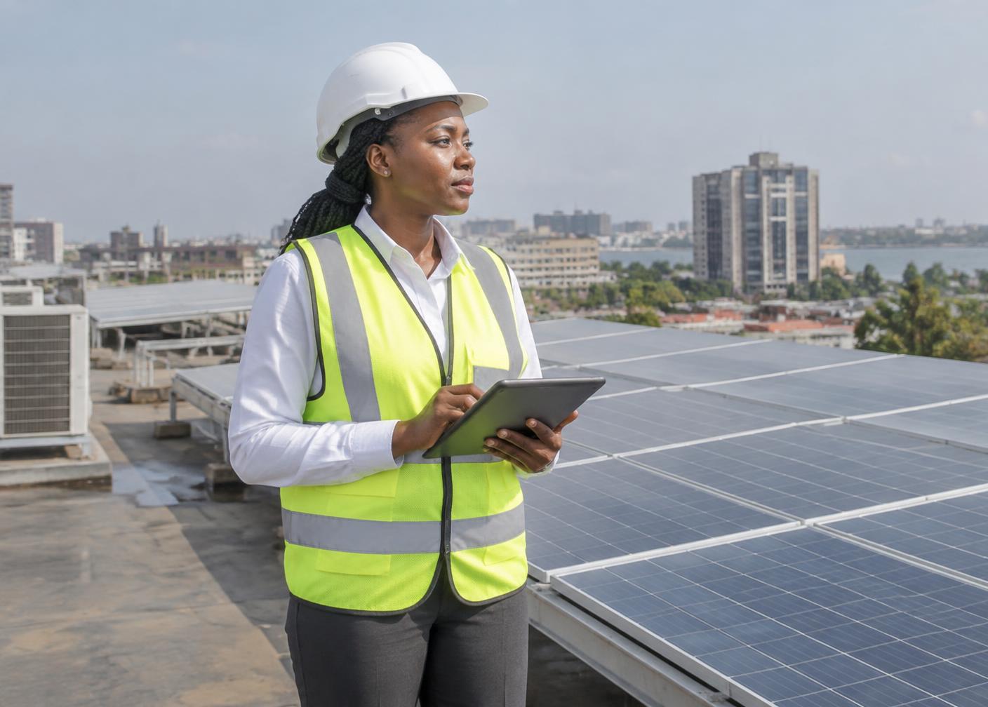 Solar engineer reviewing an installation